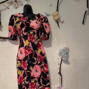 Zara Black Midi Dress with Pink, Red & Yellow Floral Print